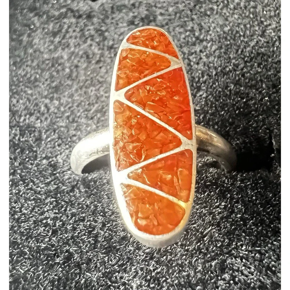 Sterling Silver Vintage Native Coral Inlay Ring Size 5, 4 Grams Total Weight